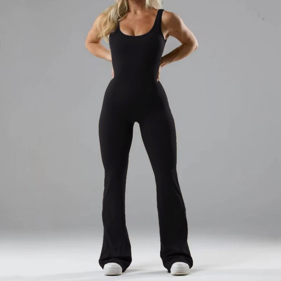 Hollow Out Backless Women Wide-leg Peach Jumpsuit Fitness Yoga Bodysuit Image 1