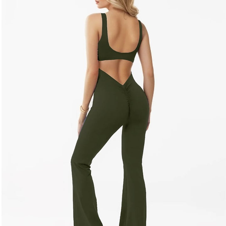 Hollow Out Backless Women Wide-leg Peach Jumpsuit Fitness Yoga Bodysuit Image 1