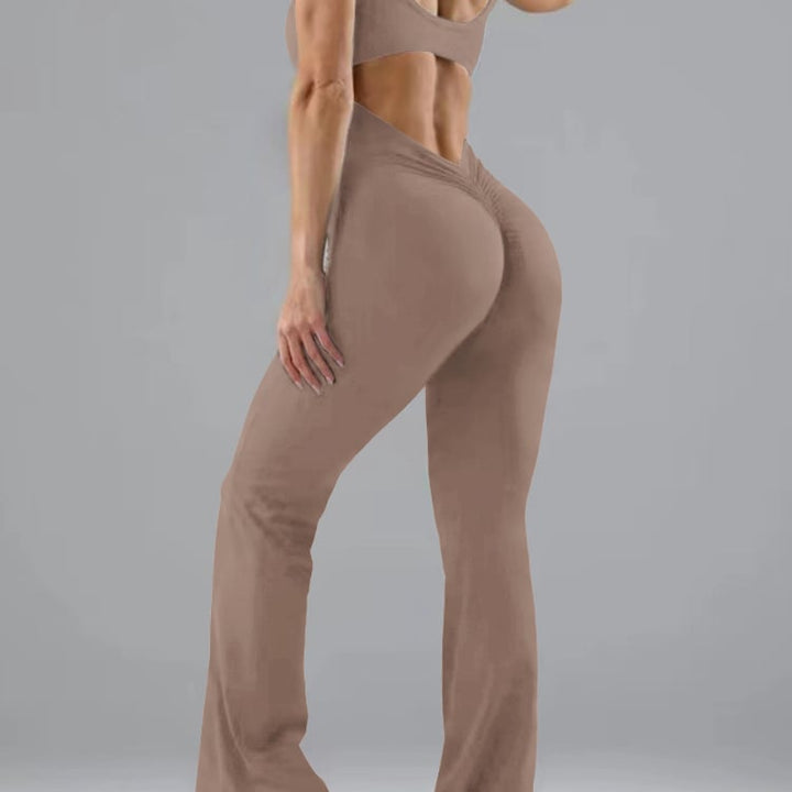 Hollow Out Backless Women Wide-leg Peach Jumpsuit Fitness Yoga Bodysuit Image 7