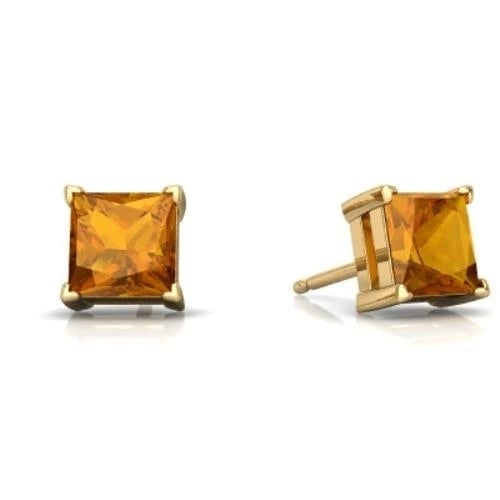 14K Yellow Gold Plated Created Citrine 6mm Princess Cut Stud Earrings for Women Image 1