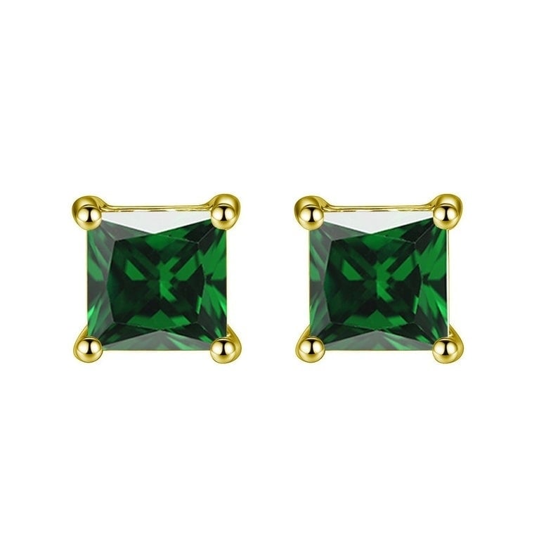 14k Yellow Gold Plated Created Emerald 6mm Princess Cut Stud Earrings for Women Image 1