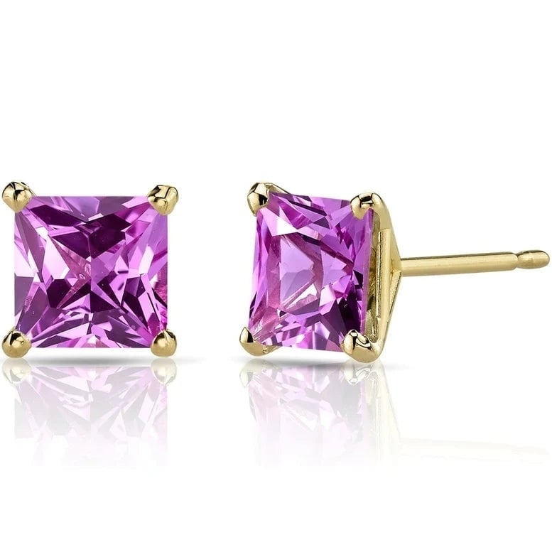 14k Yellow Gold Plated Created Pink Sapphire Princess Cut Stud Earrings 6mm Image 1