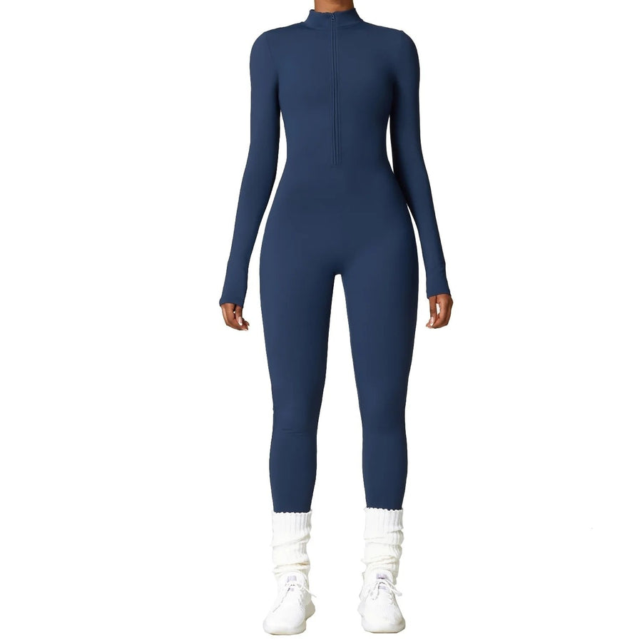 Sexy Womens Bodysuit Ribbed Long Sleeve Zipper Bodycon Sporty Jumpsuit Size M Image 1