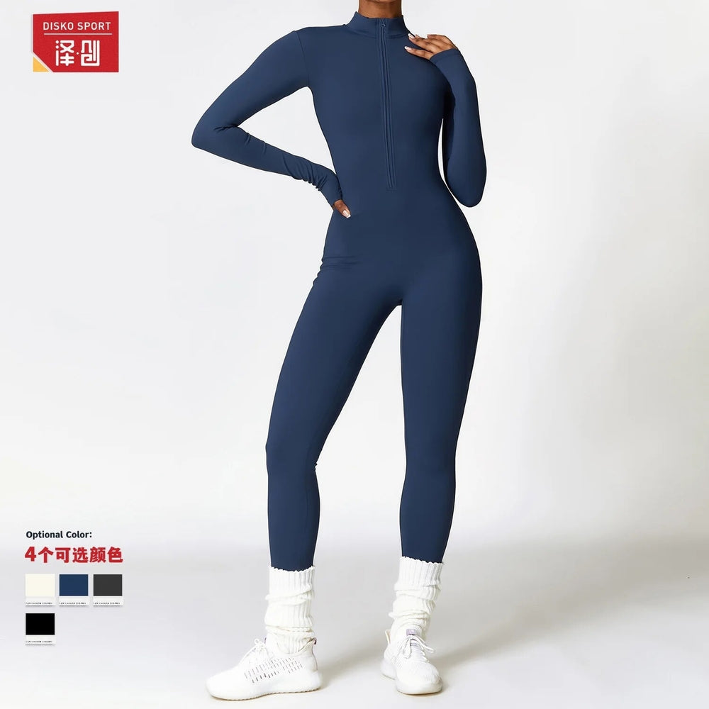 Sexy Womens Bodysuit Ribbed Long Sleeve Zipper Bodycon Sporty Jumpsuit Size M Image 2