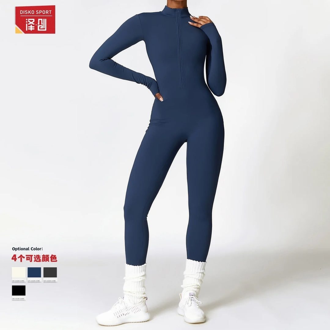 Sexy Womens Bodysuit Ribbed Long Sleeve Zipper Bodycon Sporty Jumpsuit Size M Image 2