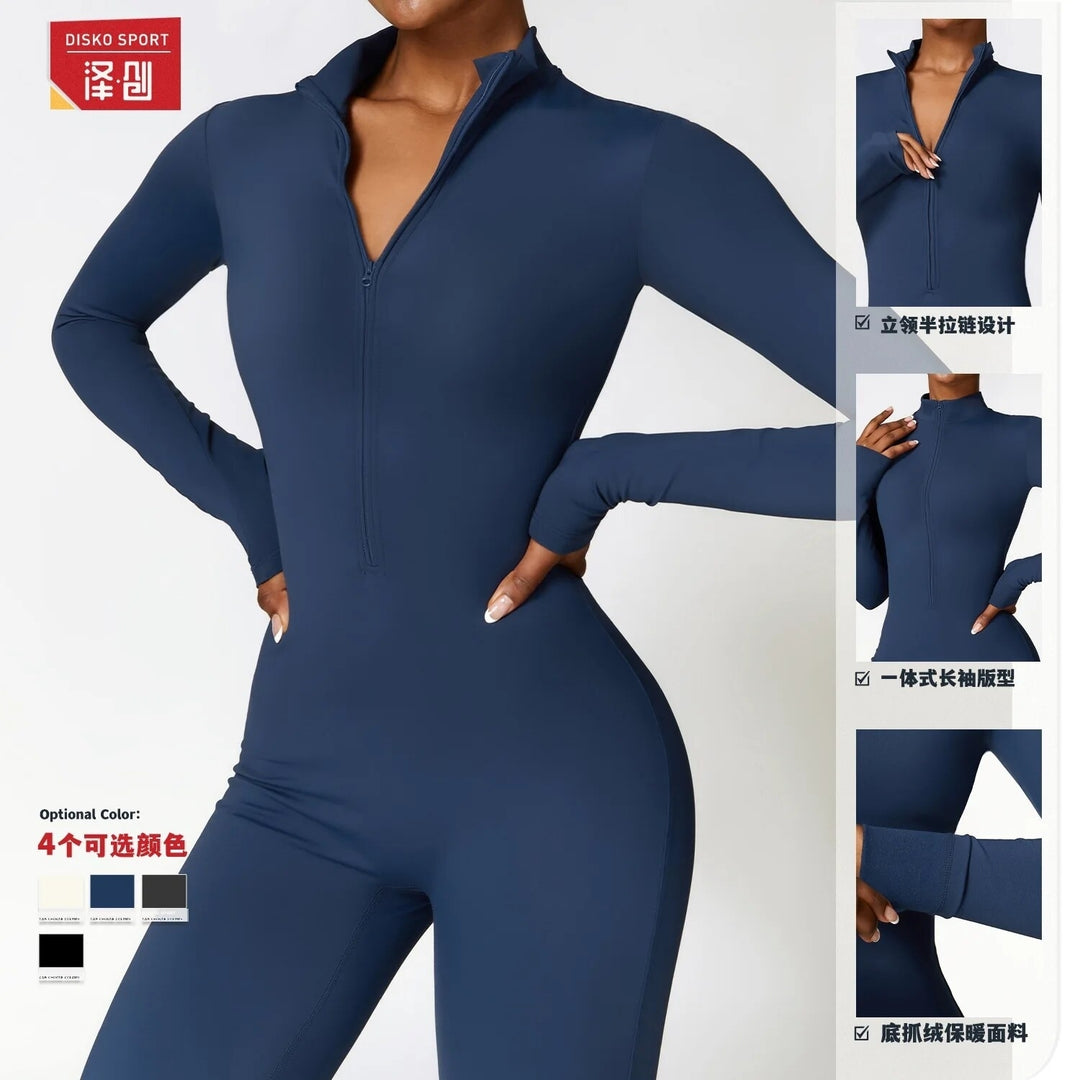 Sexy Womens Bodysuit Ribbed Long Sleeve Zipper Bodycon Sporty Jumpsuit Size M Image 3