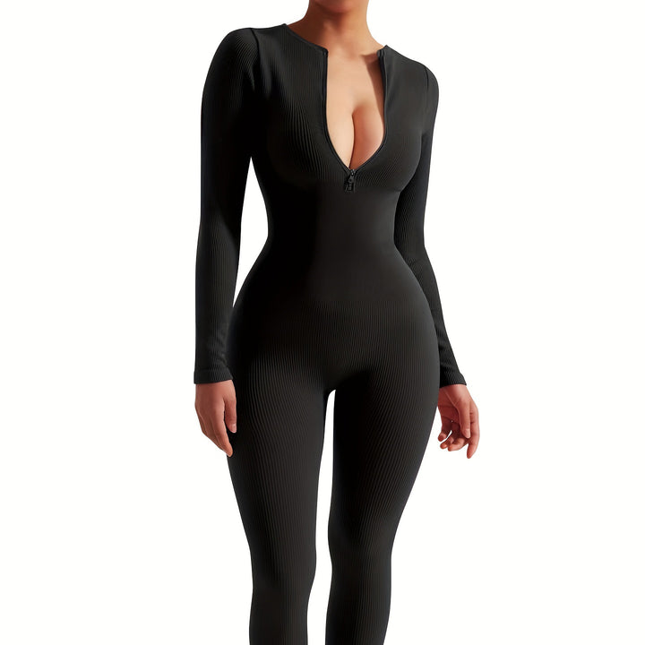 Sexy Womens Bodysuit Ribbed Long Sleeve Zipper Bodycon Sporty Jumpsuit Size M Image 4