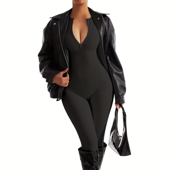 Sexy Womens Bodysuit Ribbed Long Sleeve Zipper Bodycon Sporty Jumpsuit Size M Image 4