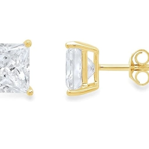 14k Gold Plated White Sapphire Princess Cut Stud Earrings 6mm for Women Image 1