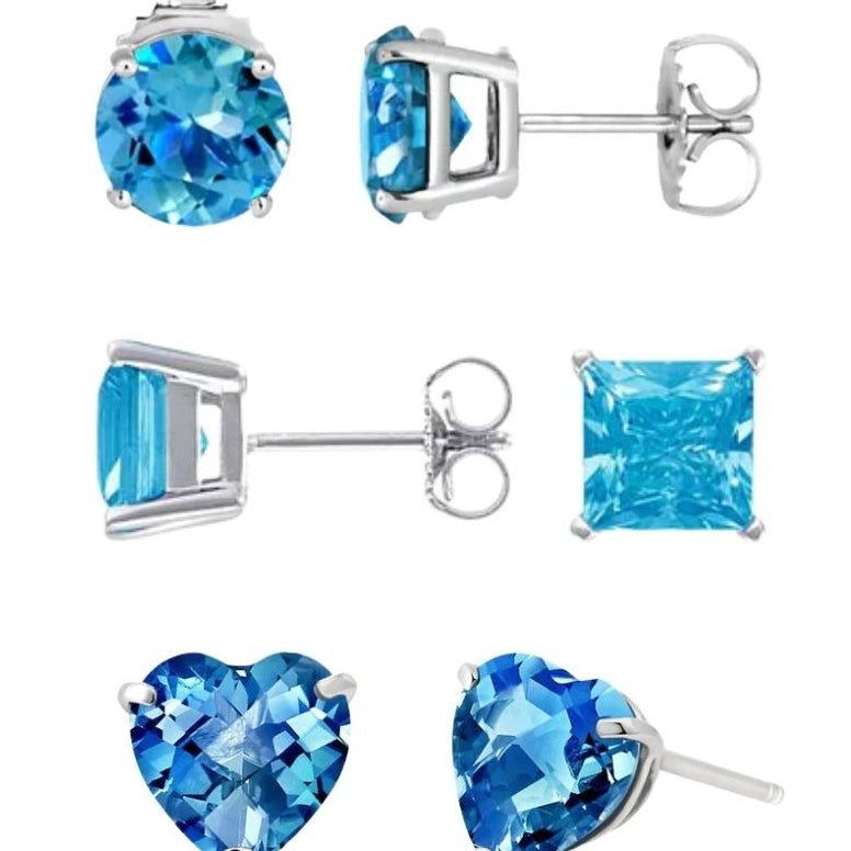 Paris Jewelry 18k White Gold Blue Topaz Stud Earrings Round Square Heart 4Cttw Image 1