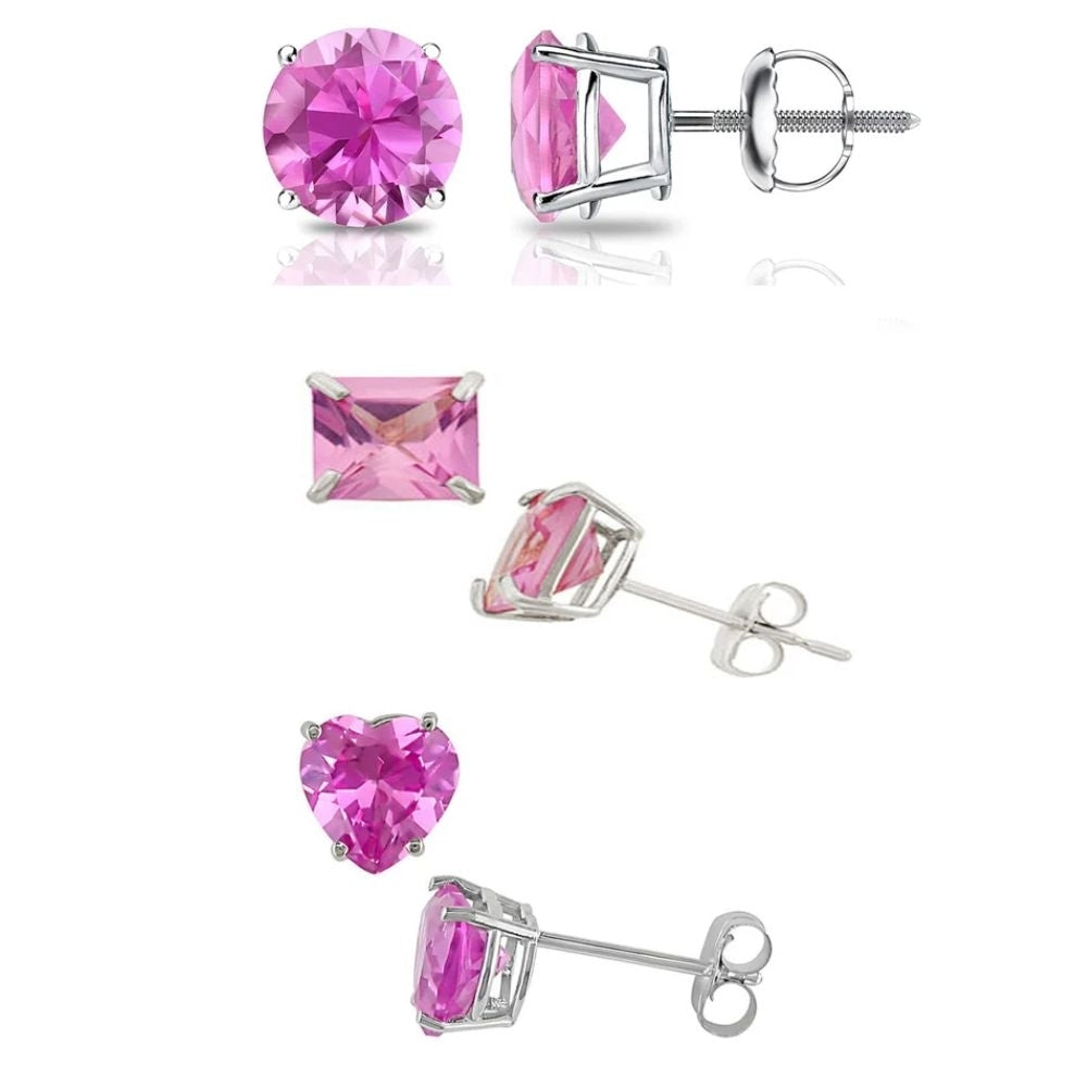 Paris Jewelry 18k White Gold Created Pink Sapphire Stud Earrings 4Cttw Set Image 1