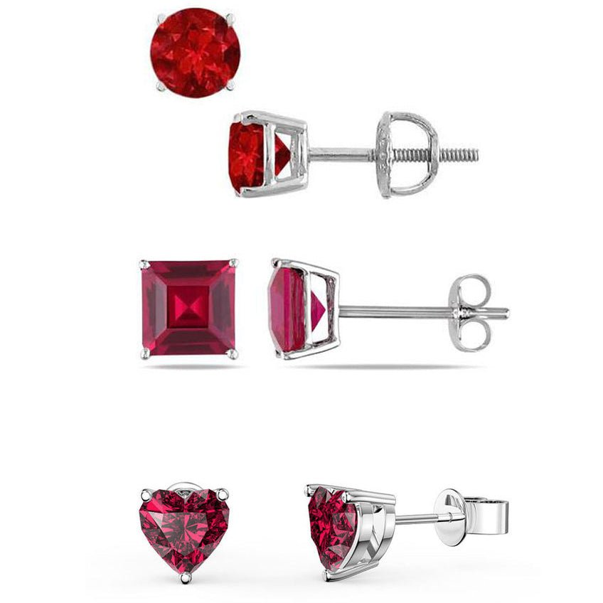 Paris Jewelry 18k White Gold Created Ruby Stud Earrings Round Square Heart 4Cttw Image 1