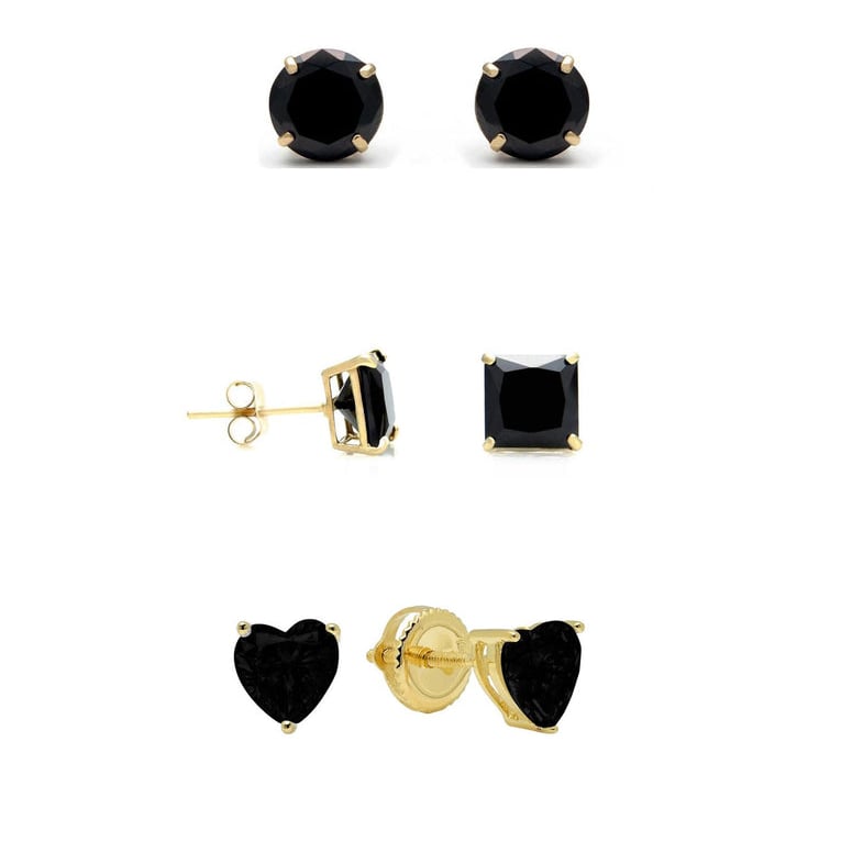 18k Yellow Gold Plated Black Sapphire Stud Earrings Round Square Heart 4Cttw Image 1