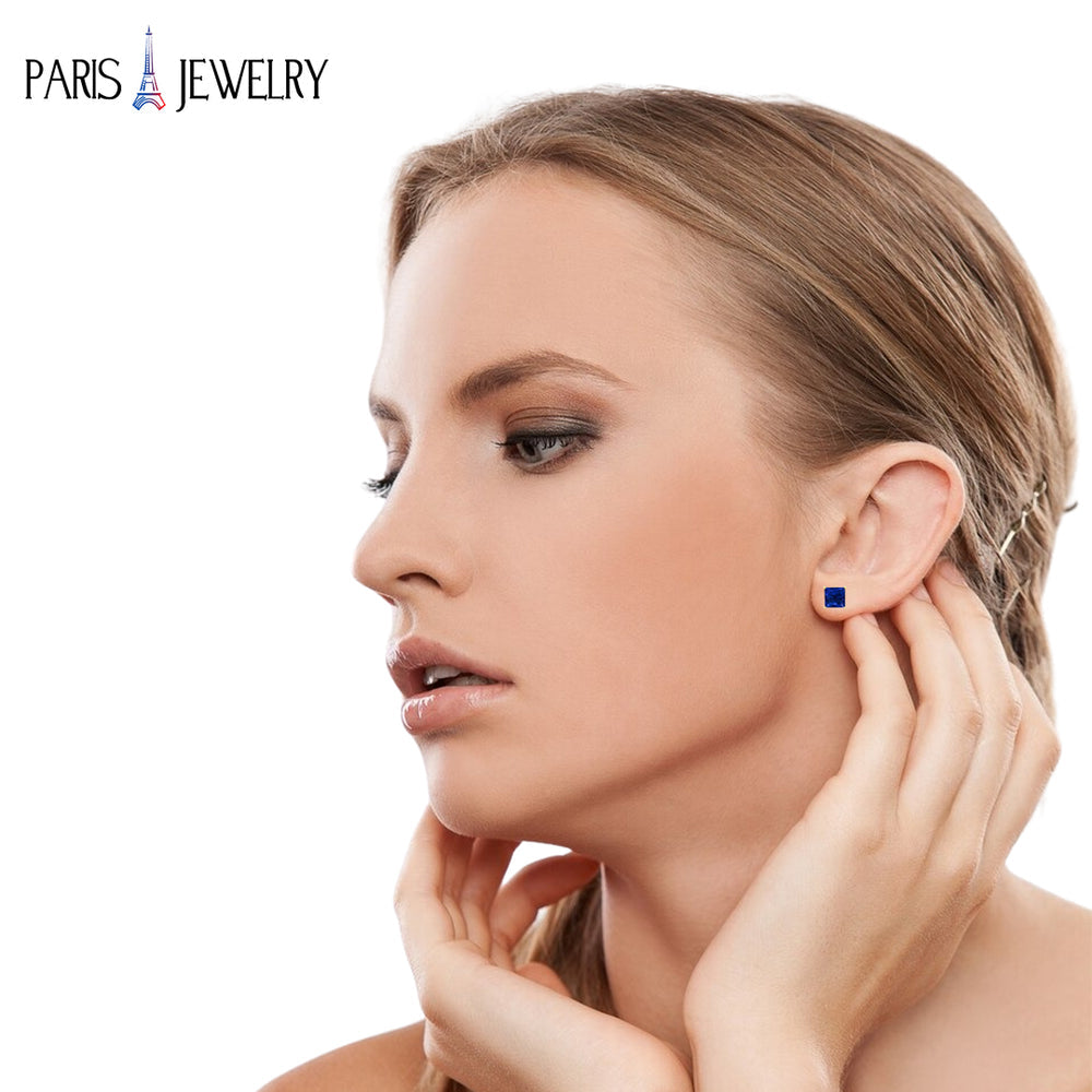 Paris Jewelry 18k Yellow Gold Plated 4Cttw Created Blue Sapphire Stud Earrings Image 2