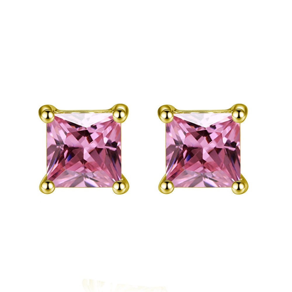 14k Yellow Gold 1Ct Princess Pink Tourmaline CZ Stud Earrings Womens Jewelry Image 1