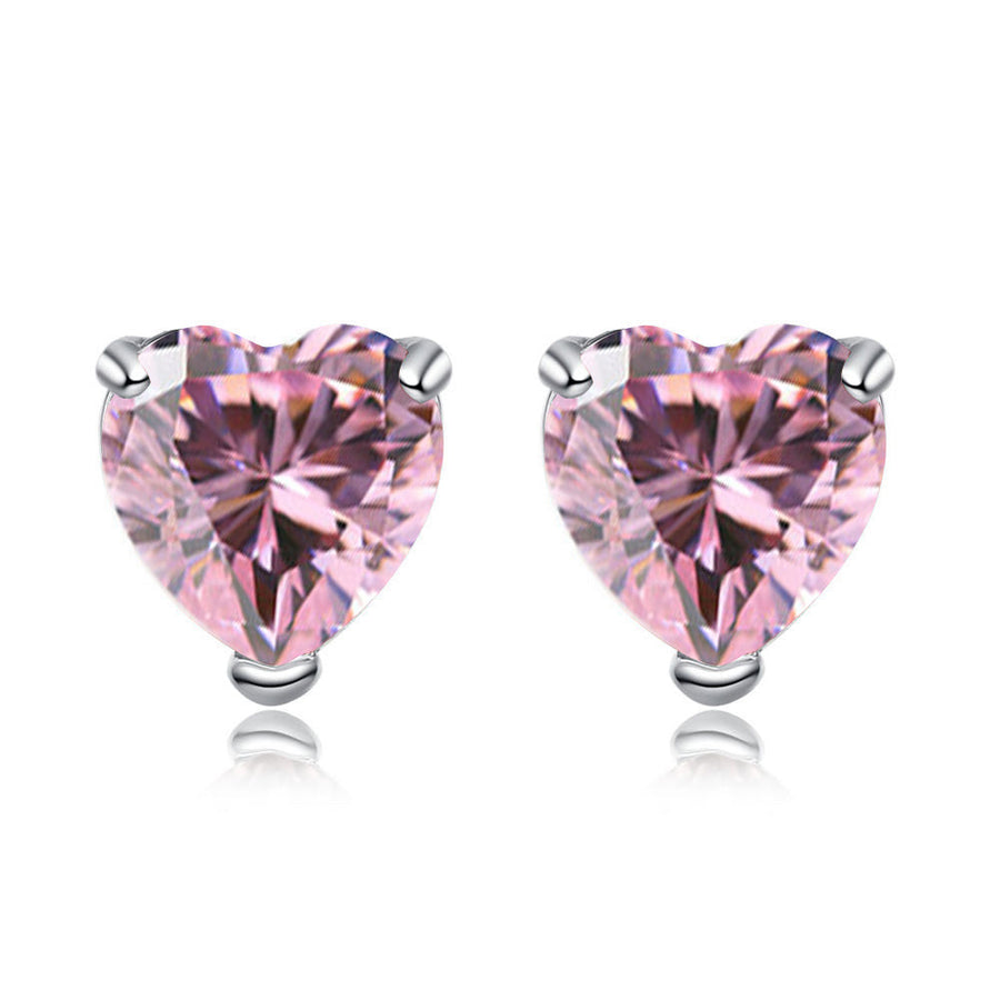 14k White Gold 1Ct Pink Tourmaline Heart Cubic Zirconia Stud Earrings Image 1