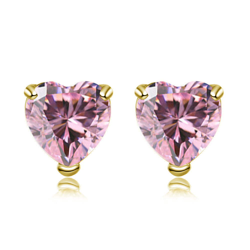 14k Yellow Gold 1Ct Pink Tourmaline Heart Cubic Zirconia Stud Earrings Image 1