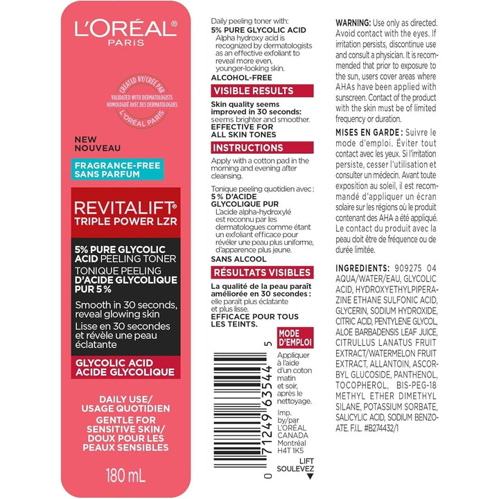 LOreal Paris Revitalift 5% Pure Glycolic Acid Peeling Toner with Aloe Vera Alcohol Free Fragrance Free 6 fl oz(2 pack) Image 7