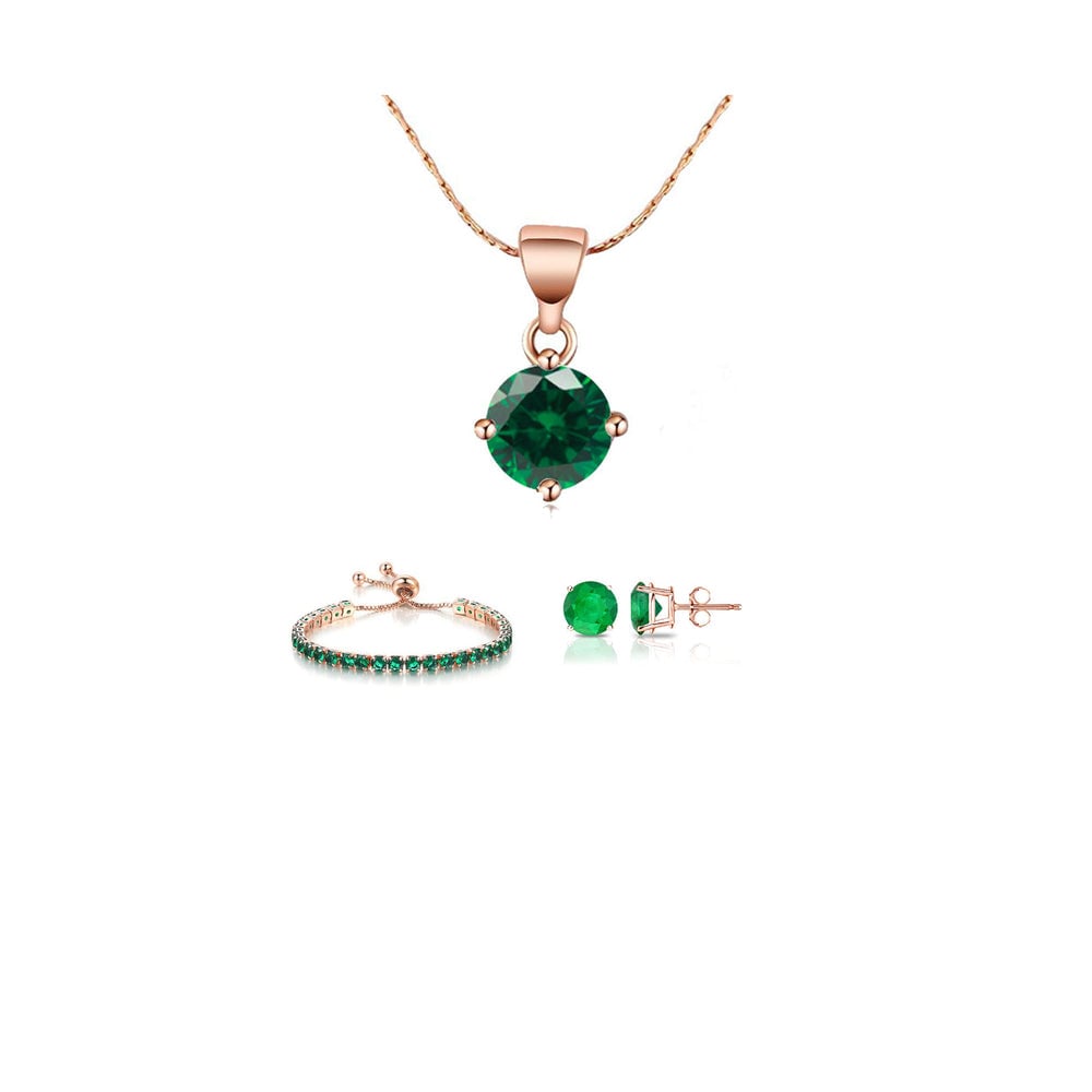 18K Rose Gold Created Emerald Necklace Earrings Bracelet Set 6 Ct Jewelry Gift Image 1