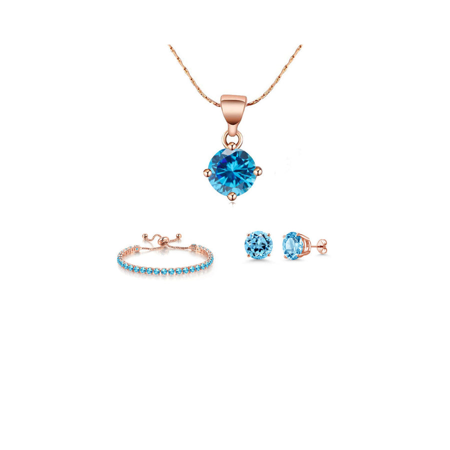 18k Rose Gold 6 Ct Round Blue Topaz Jewelry Set Necklace Earrings Bracelet Image 1