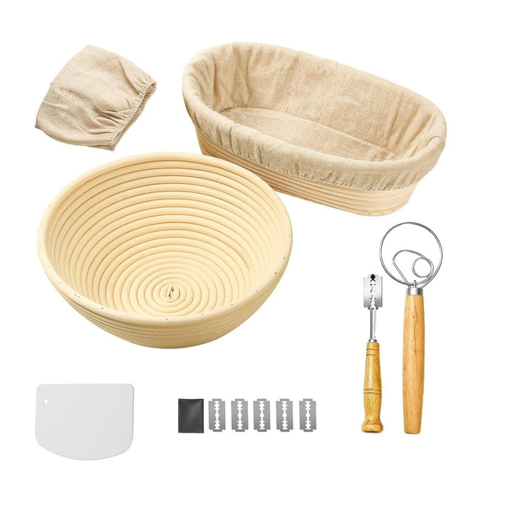 Complete Bread Baking Kit Banneton Proofing Basket Set 9In Round And 10In Oval Basket With Linen Liner Lame Dough Image 1