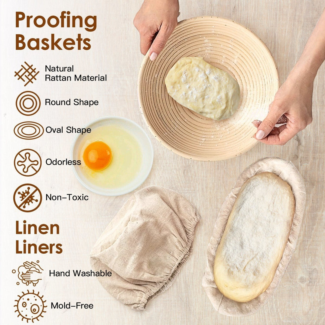 Complete Bread Baking Kit Banneton Proofing Basket Set 9In Round And 10In Oval Basket With Linen Liner Lame Dough Image 3