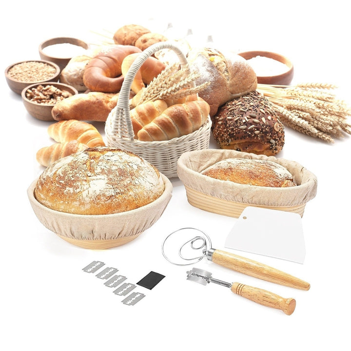 Complete Bread Baking Kit Banneton Proofing Basket Set 9In Round And 10In Oval Basket With Linen Liner Lame Dough Image 9