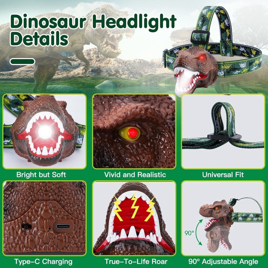 Dinosaur Headlamp Kids Headlight Dinosaur Flashlight with Realistic Roar Sound 4 Modes Adjustable Headband Kid Camping Image 4