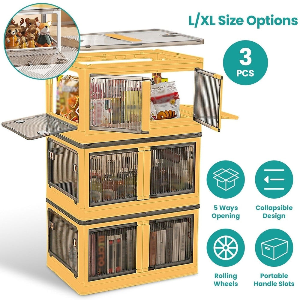 3Pcs Foldable Storage Bins with Lid 4 Doors Collapsible Stackable Closet Organizer Containers with Lock 4Pcs Wheels Image 2