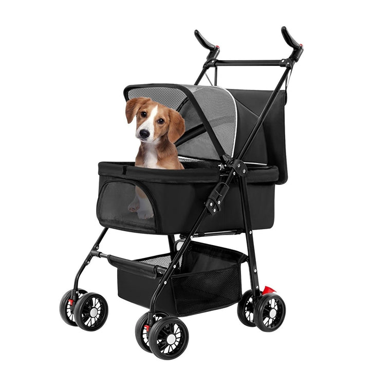 4 Wheels Pet Stroller Foldable Carrier Strolling Cart Travel Jogger Pet Stroller with Removable Liner Storage Basket for Image 1