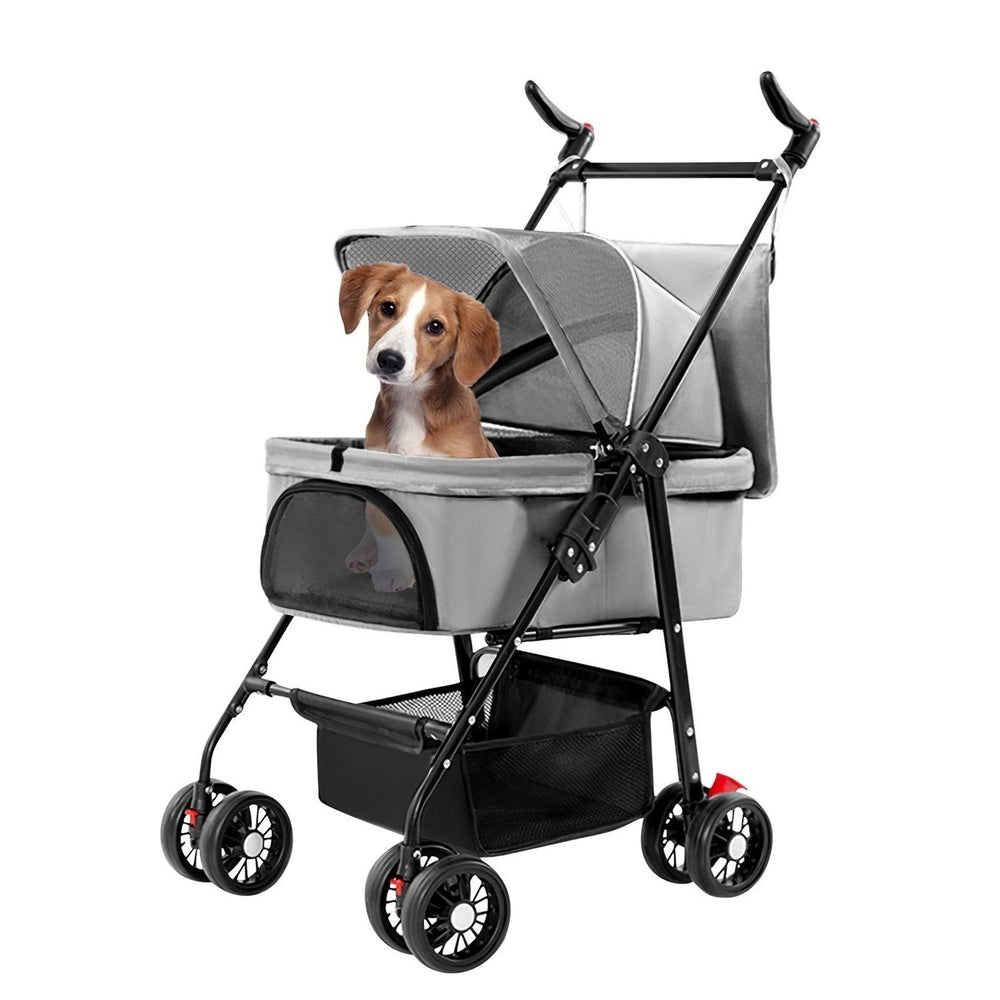 4 Wheels Pet Stroller Foldable Carrier Strolling Cart Travel Jogger Pet Stroller with Removable Liner Storage Basket for Image 2