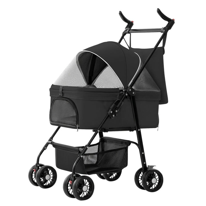 4 Wheels Pet Stroller Foldable Carrier Strolling Cart Travel Jogger Pet Stroller with Removable Liner Storage Basket for Image 4