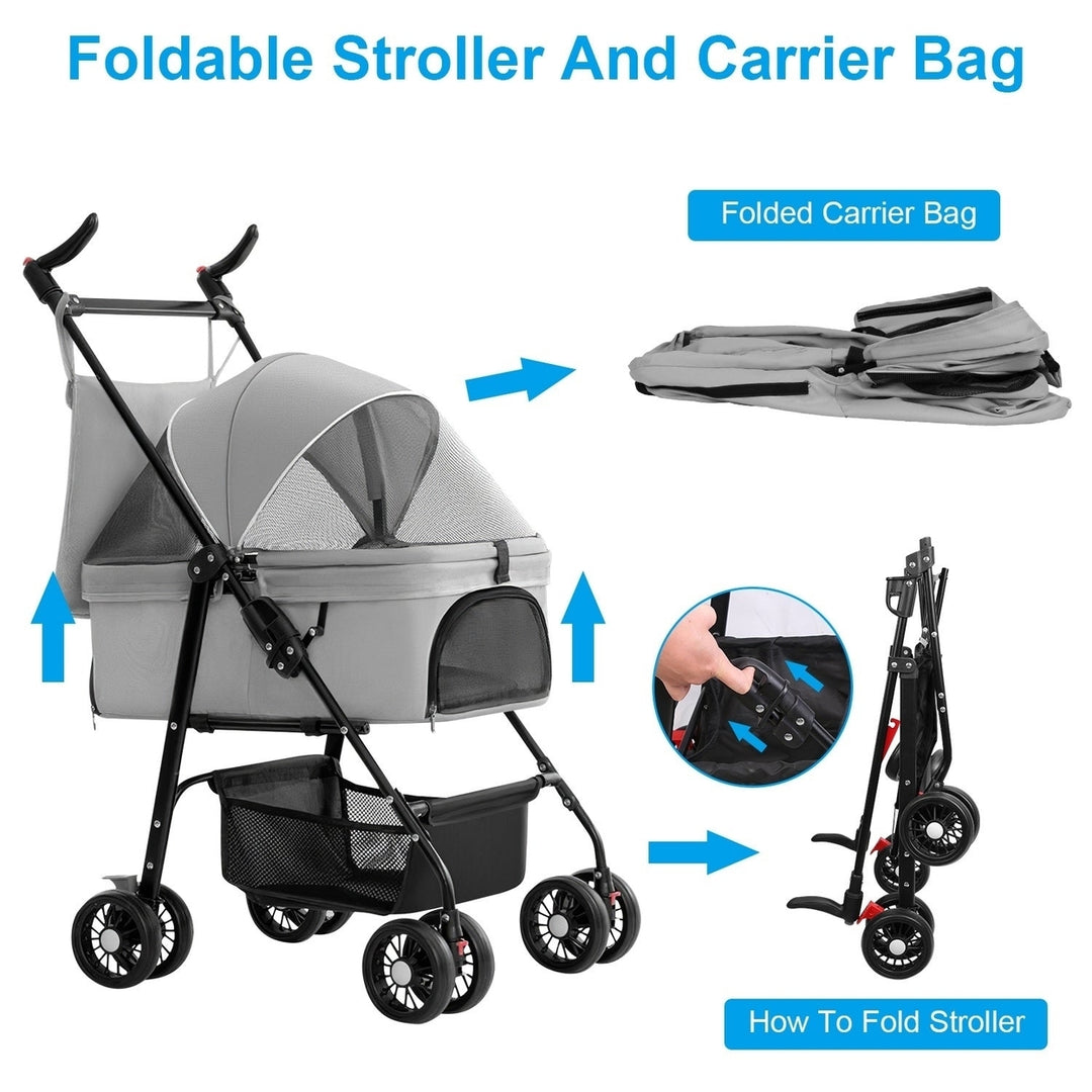 4 Wheels Pet Stroller Foldable Carrier Strolling Cart Travel Jogger Pet Stroller with Removable Liner Storage Basket for Image 7