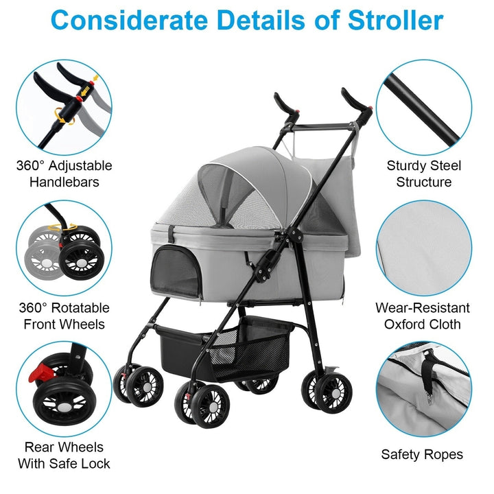 4 Wheels Pet Stroller Foldable Carrier Strolling Cart Travel Jogger Pet Stroller with Removable Liner Storage Basket for Image 8