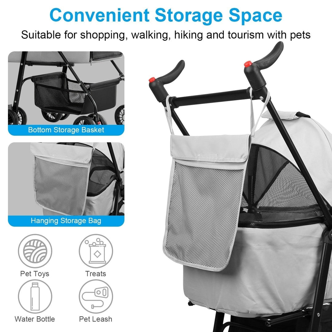 4 Wheels Pet Stroller Foldable Carrier Strolling Cart Travel Jogger Pet Stroller with Removable Liner Storage Basket for Image 9