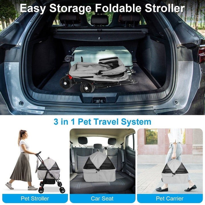 4 Wheels Pet Stroller Foldable Carrier Strolling Cart Travel Jogger Pet Stroller with Removable Liner Storage Basket for Image 11