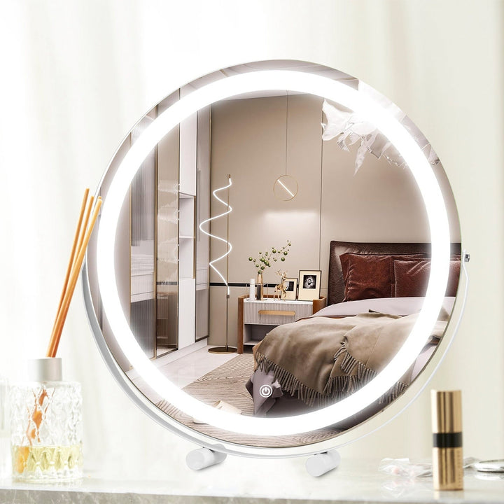 19Inch Large Round Vanity Makeup Mirror With LED Halo Light 3 Lighting Colors Dimmable Brightness Touch Control 360 Image 10