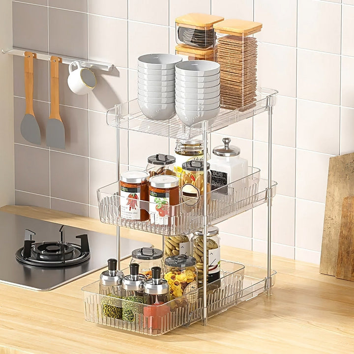 2 Packs 3 Tier Clear Bathroom Organizer with Drawers Dividers Pull-Out Pantry Organization Medicine Bins Slide-Out Image 9