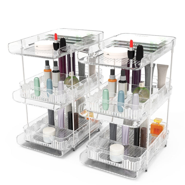 2 Packs 3 Tier Clear Bathroom Organizer with Drawers Dividers Pull-Out Pantry Organization Medicine Bins Slide-Out Image 11