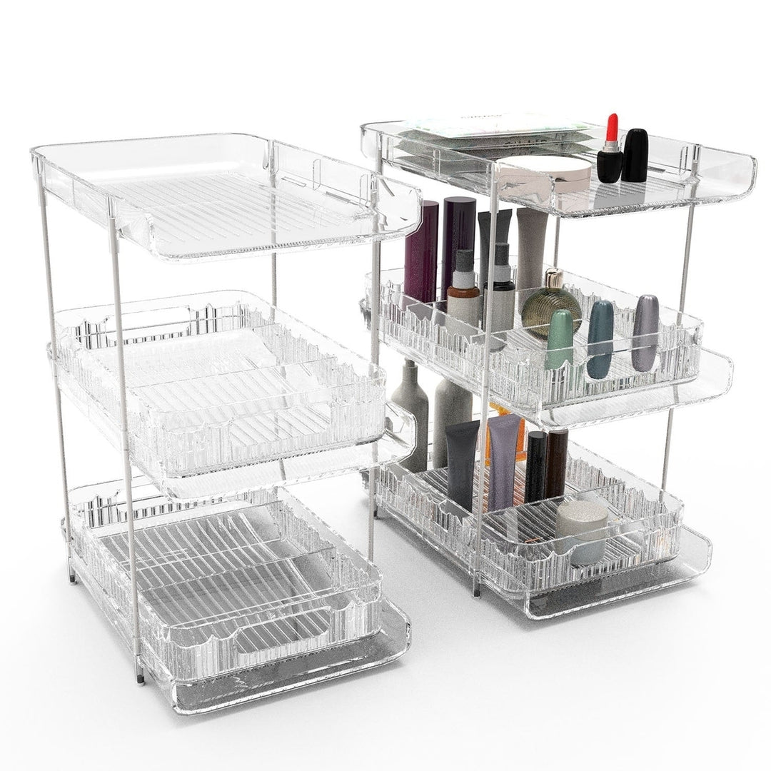 2 Packs 3 Tier Clear Bathroom Organizer with Drawers Dividers Pull-Out Pantry Organization Medicine Bins Slide-Out Image 12