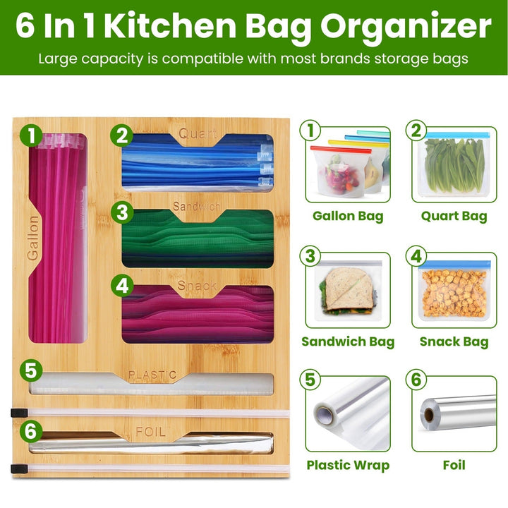 6 in 1 Plastic Wrap and Foil Organizer for Gallon Quart Sandwich Snack Ziplock Bag Bamboo Dispenser with Cutter Kitchen Image 3