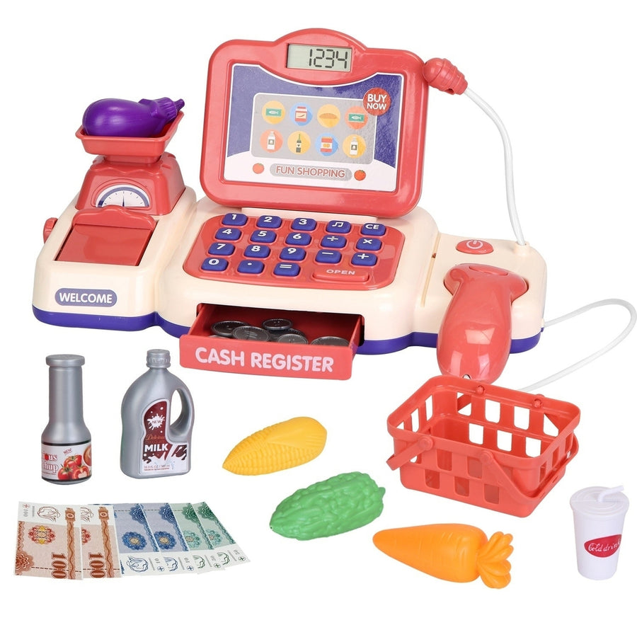 Kids Cash Register Pretend Play Cashier Toy with Scanner Calculator Credit Card Money Grocery Products Educational Toy Image 1