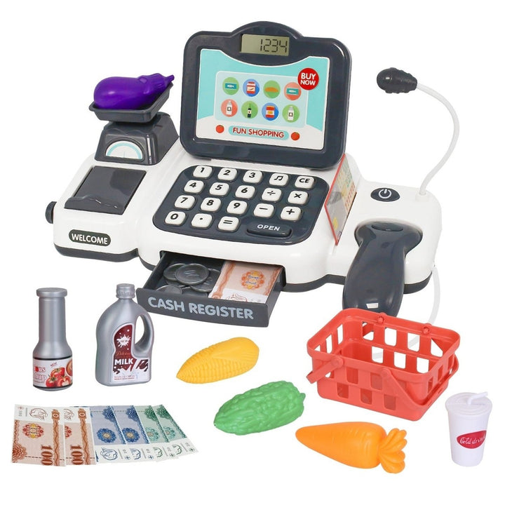 Kids Cash Register Pretend Play Cashier Toy with Scanner Calculator Credit Card Money Grocery Products Educational Toy Image 2