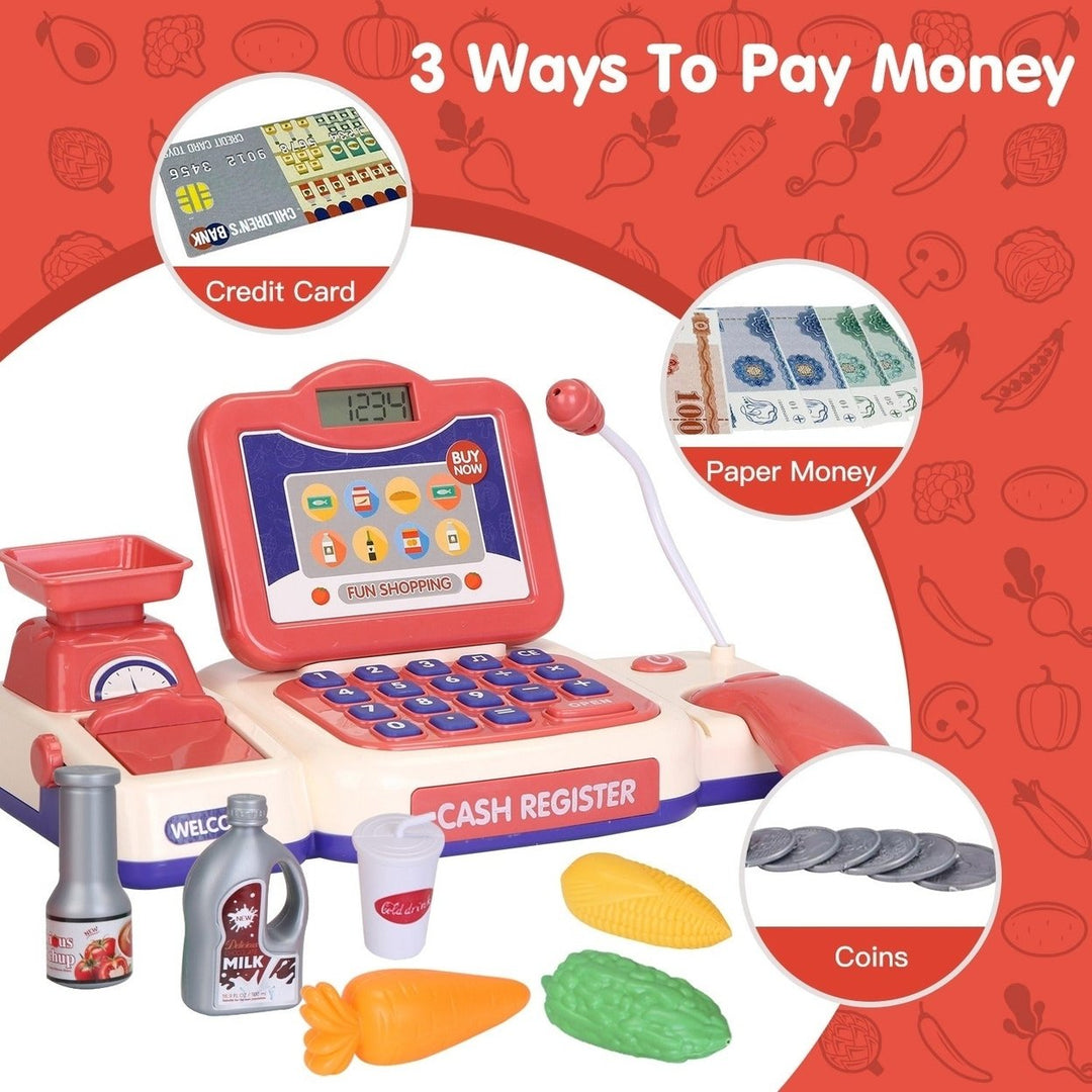 Kids Cash Register Pretend Play Cashier Toy with Scanner Calculator Credit Card Money Grocery Products Educational Toy Image 3