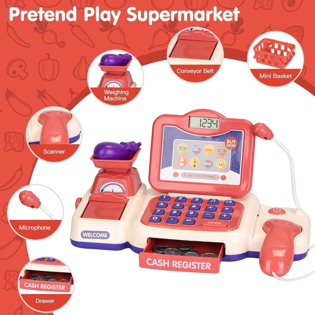 Kids Cash Register Pretend Play Cashier Toy with Scanner Calculator Credit Card Money Grocery Products Educational Toy Image 4