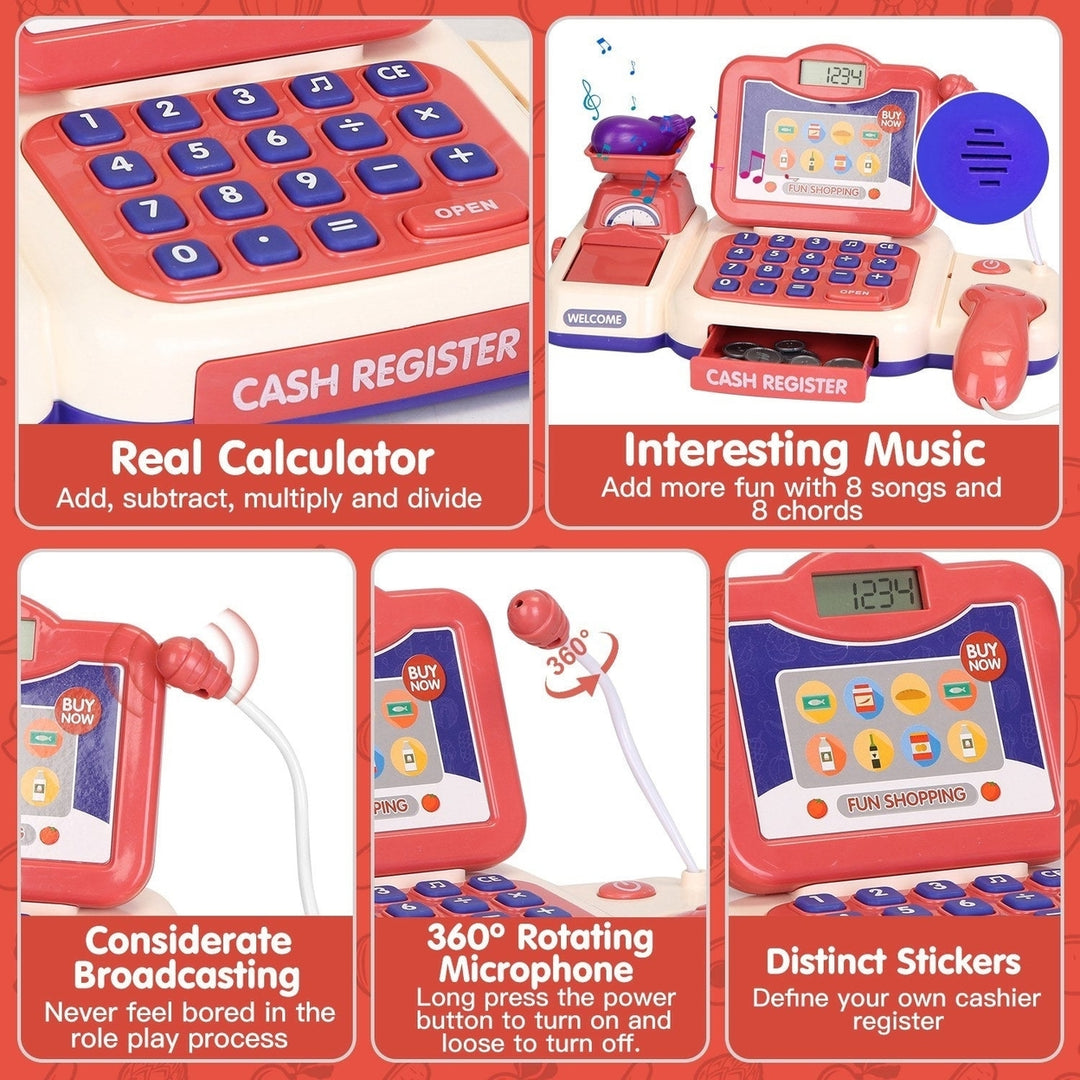 Kids Cash Register Pretend Play Cashier Toy with Scanner Calculator Credit Card Money Grocery Products Educational Toy Image 6