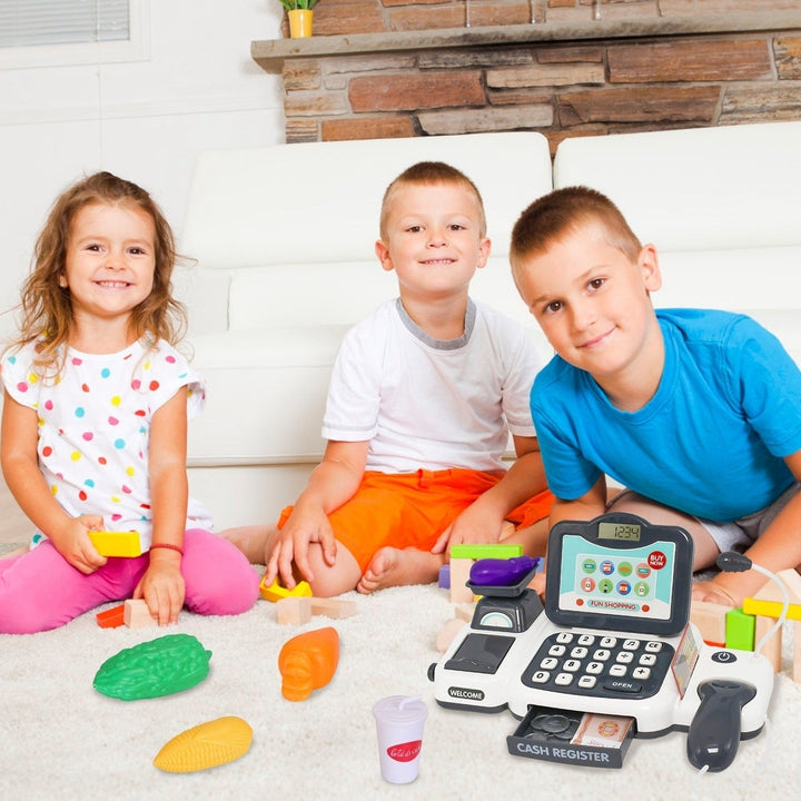 Kids Cash Register Pretend Play Cashier Toy with Scanner Calculator Credit Card Money Grocery Products Educational Toy Image 11