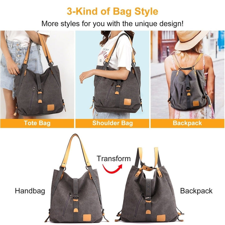 Ladies Canvas Tote Bag Multifunctional Purse Handbag Adjustable Shoulder Rucksack Convertible Backpack Wear-Resistant Image 7