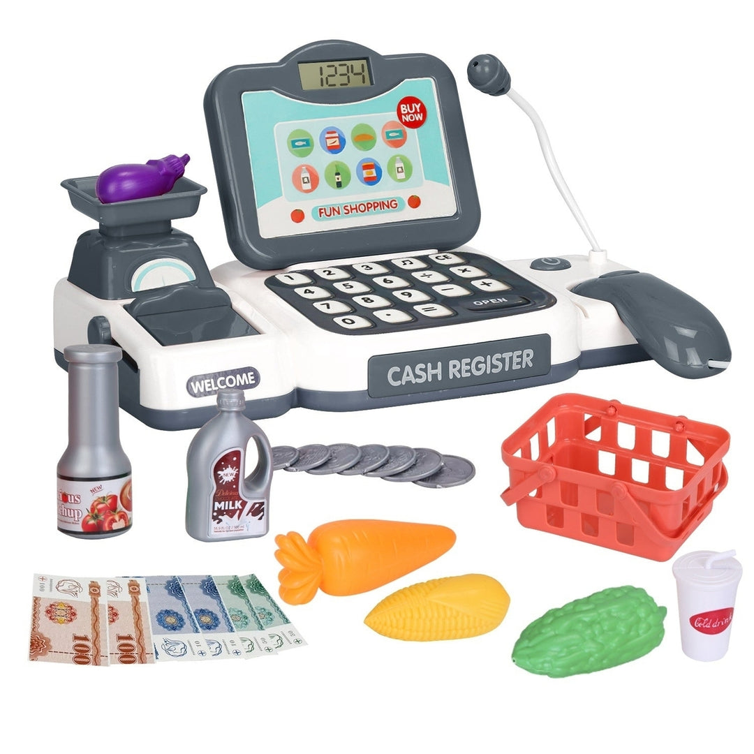 Kids Cash Register Pretend Play Cashier Toy with Scanner Calculator Credit Card Money Grocery Products Educational Toy Image 12