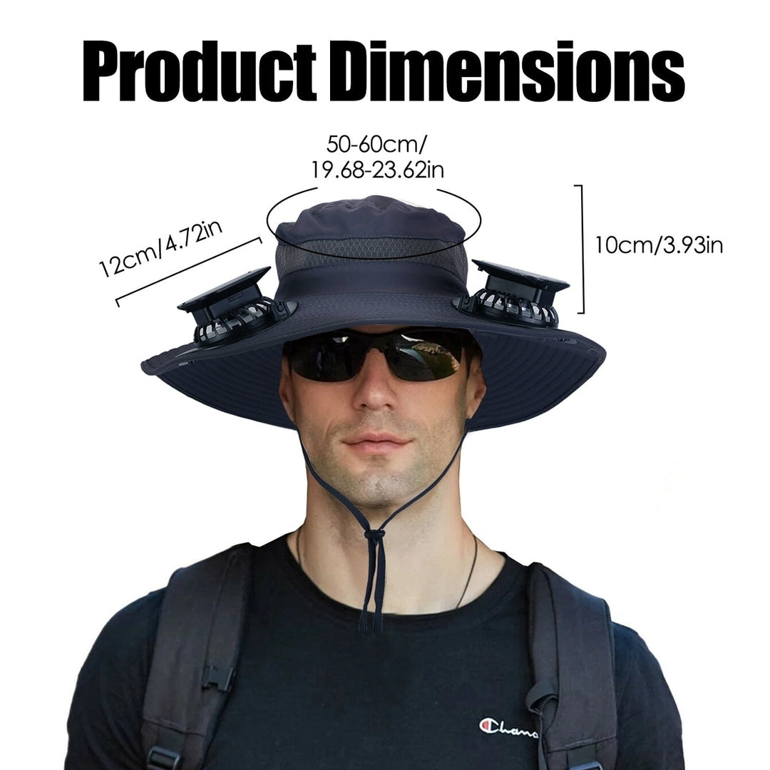 Outdoor Wide Brim Sun Hat With 2 Rechargeable Fans Solar Powered 3 Wind Speeds UPF50+ Breathable Waterproof Nylon Mesh Image 6